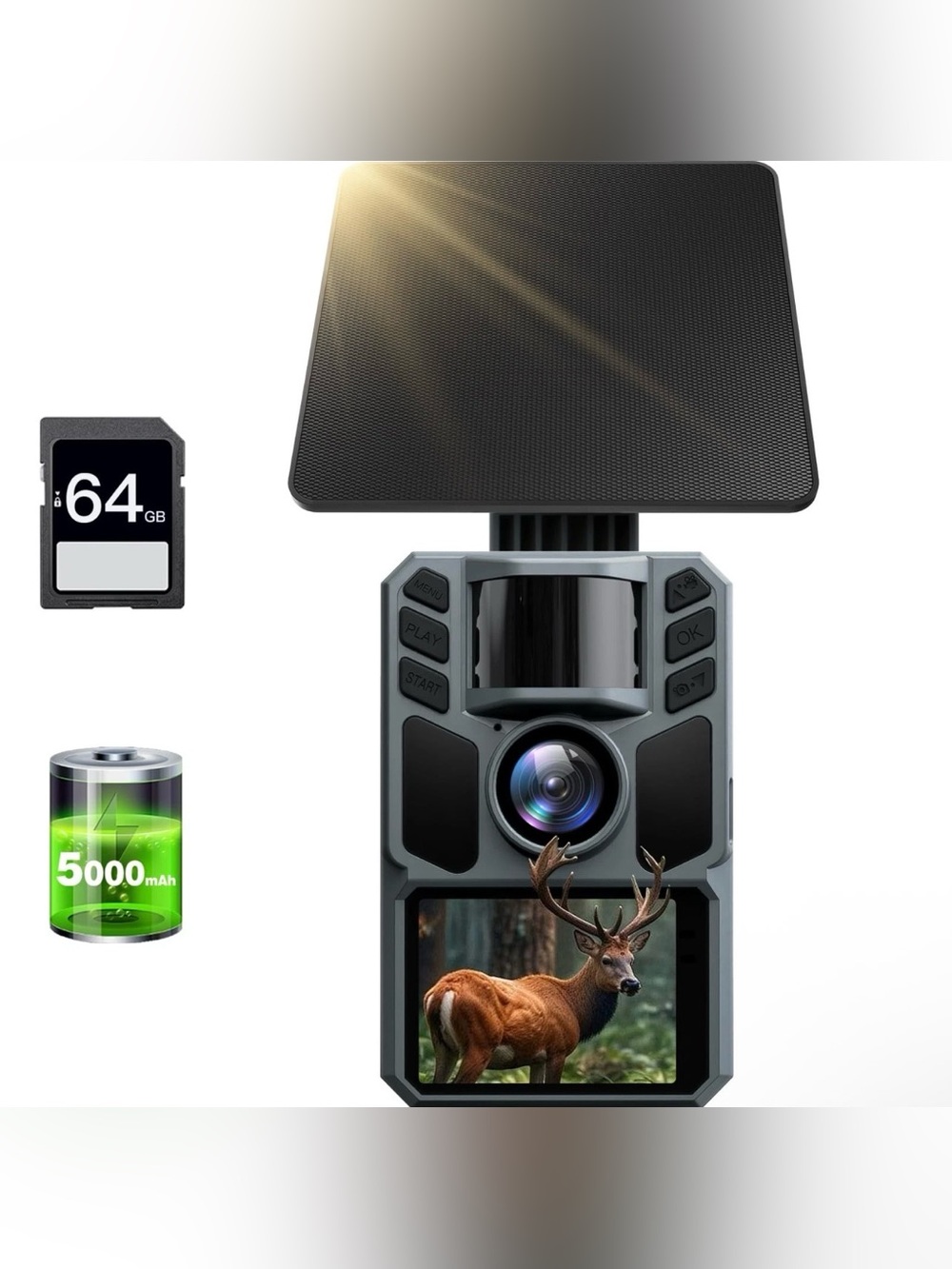 Trail Camera Solar Panel 4K 64MP, Game Camera with 5000mAh Battery and 64GB S...